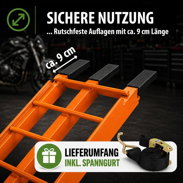 Motorrad-Auffahrrampe mit circa 9 Zentimeter langen, rutschfesten Auflagen und inklusivem Spanngurt für eine sichere Nutzung.