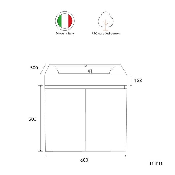 Technische Zeichnung eines Waschtischunterschranks mit Waschbecken in Italien hergestellt und aus FSC zertifizierten Holzwerkstoffen gefertigt.