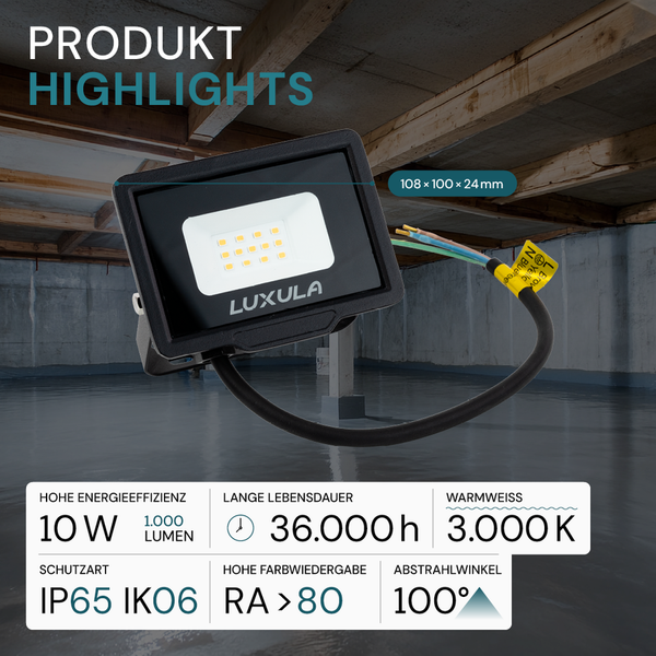 Luxula LED-Strahler mit 10 Watt, 1000 Lumen und Schutzart IP65 IK06
