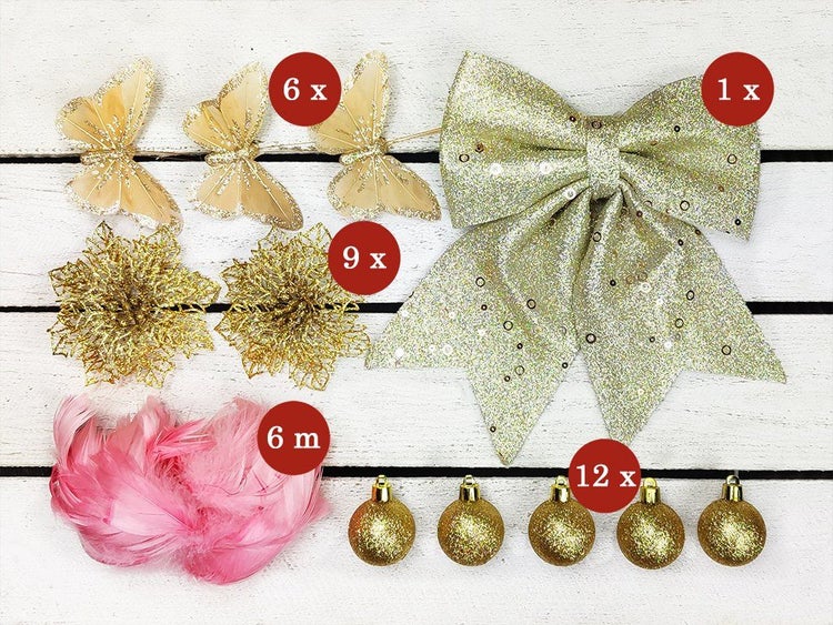Weihnachtsbaumschmuck Set bestehend aus Schmetterlingen, Schleife, Blumen, Federboa und Weihnachtskugeln für die Weihnachtsdekoration