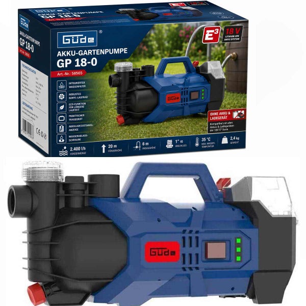 Güde Akku-Gartenpumpe GP 18-0 in Blau-Schwarz, 18 Volt, Fördermenge 2400 Liter pro Stunde, Förderhöhe 20 Meter, Gewicht 2,4 Kilogramm.