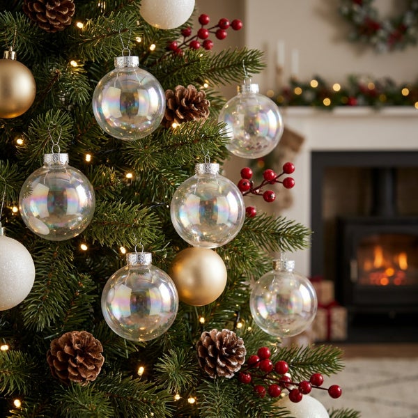 Geschmückter Weihnachtsbaum mit gläsernen Christbaumkugeln, Tannenzapfen und Dekobeeren in einem weihnachtlichen Wohnraum mit Kamin.