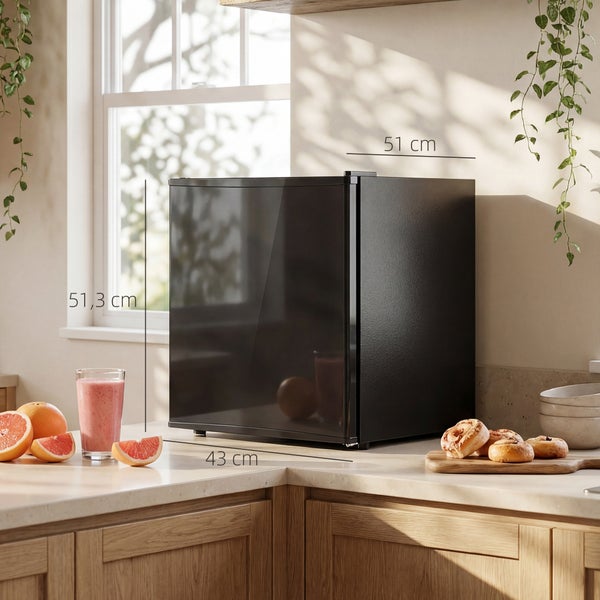 Schwarzer Minikühlschrank auf Küchenarbeitsplatte, Maße: Höhe 51,3 Zentimeter, Breite 43 Zentimeter, Tiefe 51 Zentimeter. Helle, moderne Küche.