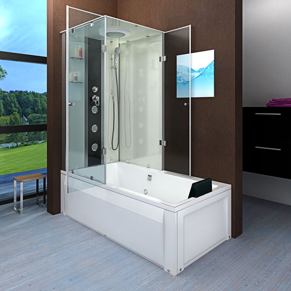 Duschwanne-Kombination mit Glas-Duschkabine, Massagedüsen, Handbrause und Regenduschkopf in modernem Badezimmer mit Ausblick.