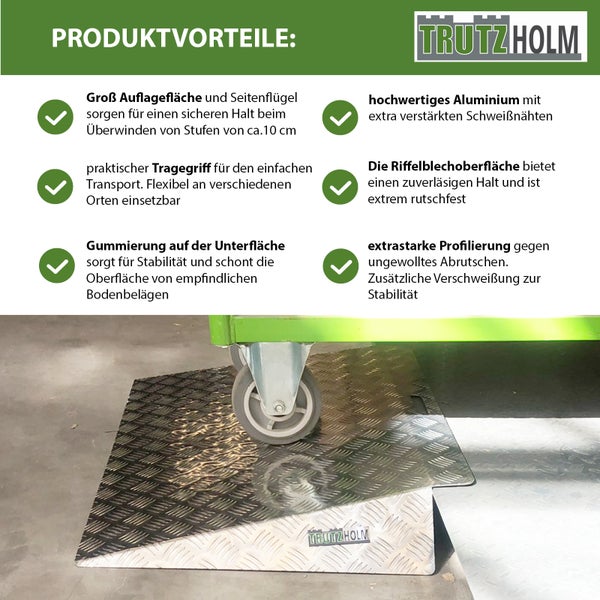 Tragbare Aluminiumrampe mit Trutzholm Logo zur Überwindung von Stufen