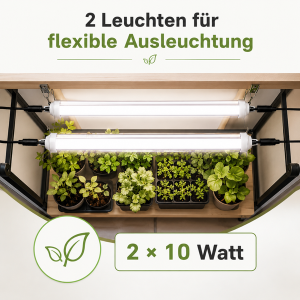 Zwei LED Pflanzenleuchten mit je 10 Watt für flexible Beleuchtung von Jungpflanzen auf einem Holzregal.