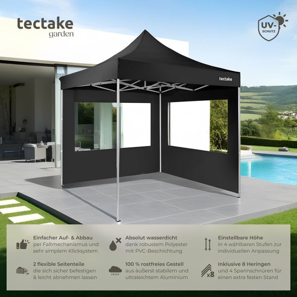 tectake garden Faltpavillon mit Seitenteilen und Fenstern am Pool, UV-Schutz, wasserdicht, höhenverstellbares Aluminiumgestell inklusive Heringen.