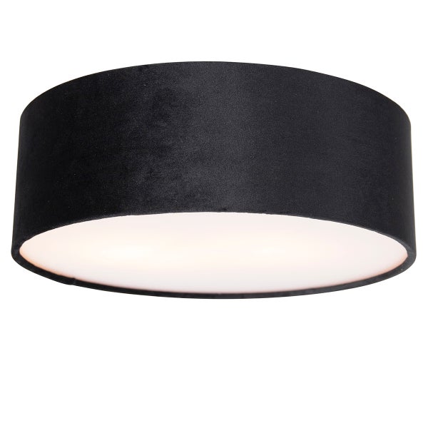 Runde Deckenleuchte mit schwarzem Stoffschirm aus Samt und weißem Diffusor.