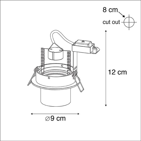 Technische Zeichnung eines Einbaustrahlers mit Maßen: Durchmesser 9 Zentimeter, Gesamthöhe 12 Zentimeter und Lochausschnitt 8 Zentimeter.