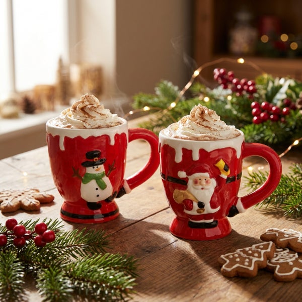 Zwei weihnachtliche Keramikbecher mit Schneemann- und Weihnachtsmann-Motiv, gefüllt mit heißem Kakao und Sahne auf einem Holztisch dekoriert.