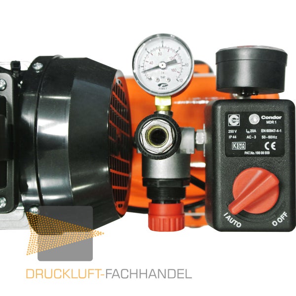 Kompressor-Bauteil mit Manometer bis 12 bar, Condor MDR 1 Druckschalter mit Drehschalter für Auto und Aus und Druckluft-Fachhandel Logo.