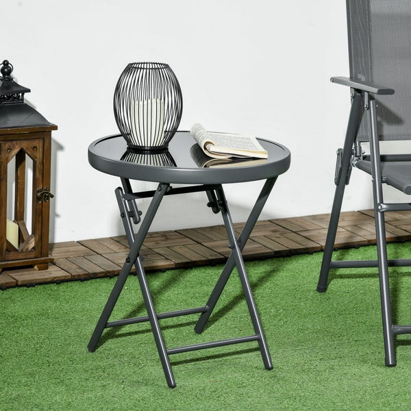 Outsunny Beistelltisch klappbar, Klapptisch aus Glas, kleiner Campingtisch, runder Sofatisch Balkontisch für Balkon Terrasse Wohnzimmer Büro, 45 x 45 x 50 cm, Schwarz