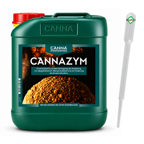 Fünf Liter Canna Cannazym Enzympräparat im Kanister mit Dosierpipette für die Bodenbiologie.