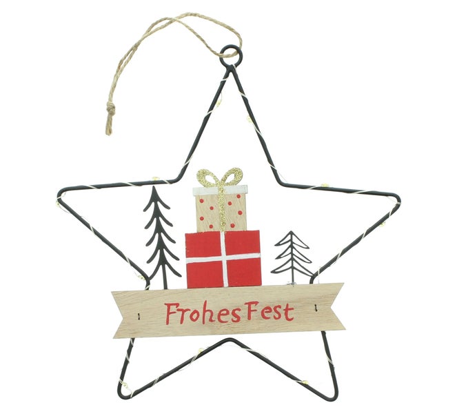 Weihnachtsanhänger in Sternform aus Metall mit Frohes Fest Schriftzug, Geschenken und Tannenbaum Motiven