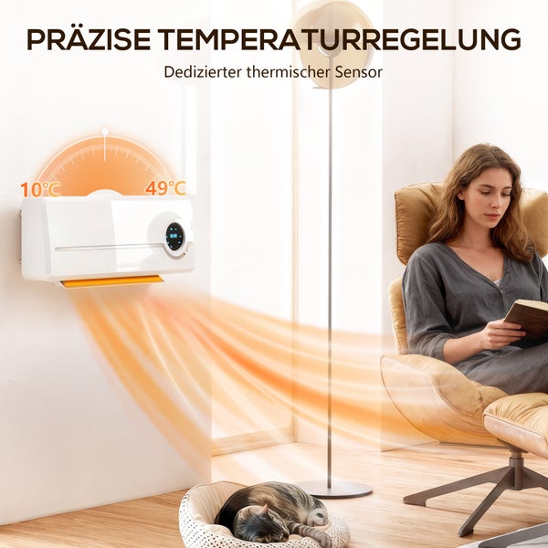 Wohnzimmer mit Heizlüfter an der Wand und einer Frau, die in einem Sessel liest