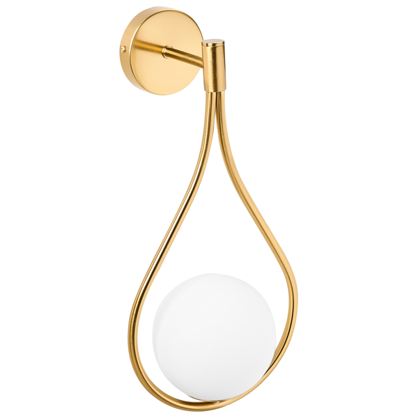 Wandleuchte mit tropfenförmigem, goldenem Gestell und weißem Kugelschirm