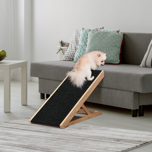 PawHut Haustierrampe mit rutschfestem Teppich verstellbarer Haustierleiter Hunderampe für großen Hund Kiefernholz Polyester Schwarz+Naturholz 90B x 40T x 61H cm