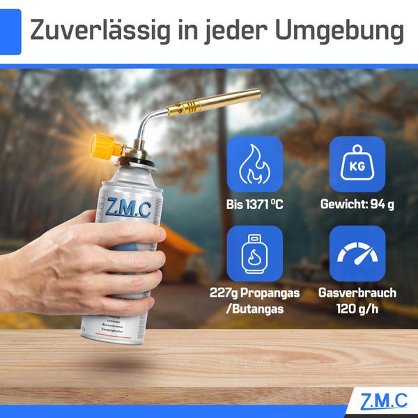 Z.M.C ALLZWECKBRENNER Gasbrenner 1,65 kW + 8x Gaskartuschen 227g, Lötbrenner bis zu 1371 °C, Schweißbrenner Bunsenbrenner mit einstellbarer Flamme, Abflammgerät Lötlampe ideal für Werkstatt