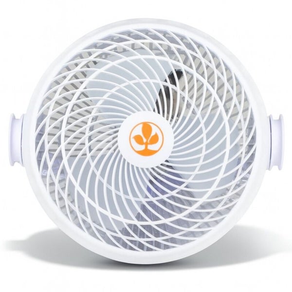 Runder weißer Ventilator aus Kunststoff mit spiralförmigem Schutzgitter und Garden Highpro Logo.