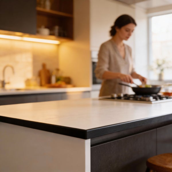 Moderne Küche mit Kücheninsel und Arbeitsplatte im Fokus sowie einer Person, die im Hintergrund am Gasherd kocht.