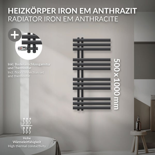 LuxeBath Badheizkörper Iron EM 500x1000 mm Anthrazit Mittelanschluss mit Anschlussgarnitur Thermostat Durchgang Boden, Design Heizkörper Bad Heizung Handtuchwärmer Handtuchtrockner Handtuchheizkörper