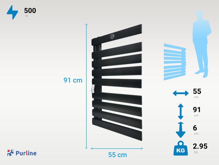 Purline Handtuchwärmer mit Abmessungen und technischen Daten