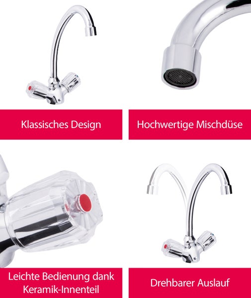 aquaSu® Zweigriffarmatur Standard Plus für Waschtisch oder Spüle, Wasserhahn Bad oder Küche, Waschtischarmatur, Armatur für Badezimmer, Zweigriffmischer Waschbecken, Waschbeckenarmatur Gäste-WC, 062848
