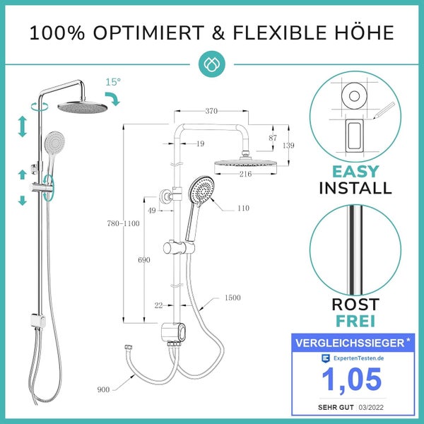 Duschsystem ohne Armatur Edelstahl rostfrei mit Druckknopf - 50% wasserspar Wellness Duschset ohne Armatur - Überkopfbrauseset - Regendusche mit Wandhalterung Komplettset für Dusche und Badewanne