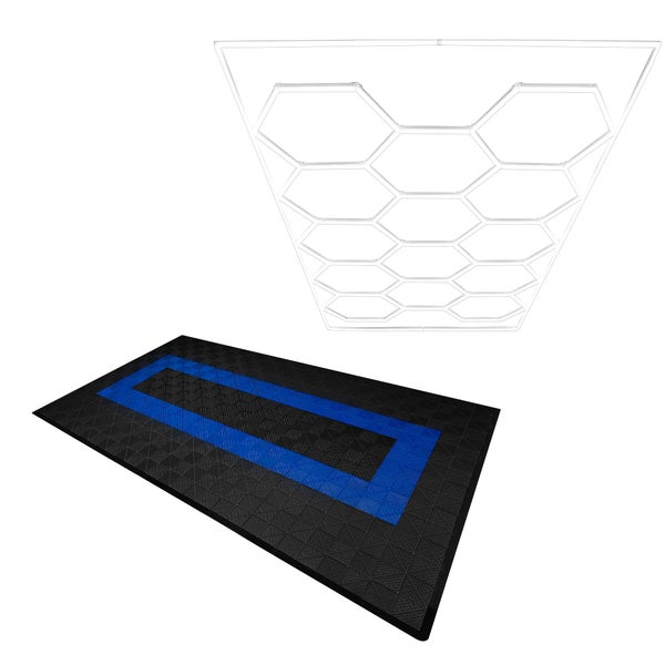 Belüftete Garagenbodenfliesen und sechseckige LED-Leuchten 90 Schwarze x 30 Blaue - mit Kanten