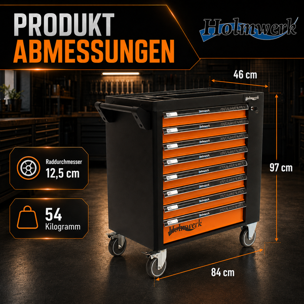Holmwerk Werkstattwagen: Höhe 97 Zentimeter, Breite 84, Tiefe 46. Raddurchmesser 12,5 Zentimeter, Gewicht 54 Kilogramm, Holmwerk Logo.