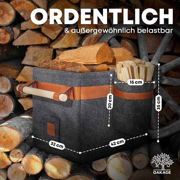 OAKAGE® Classic Duo Dunkelgrau Holzkorb Filz - Metallrahmen für Zusatzstabilität - 42x32x35cm