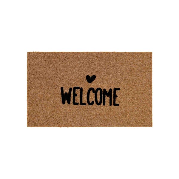 Fußmatte mit der Aufschrift Willkommen und einem Herzsymbol.