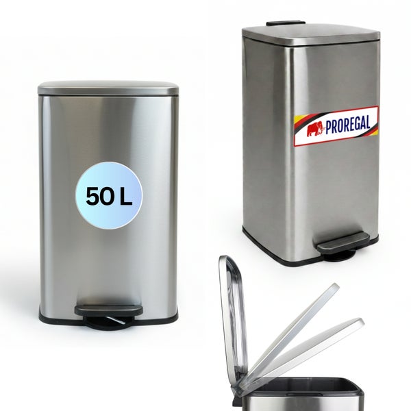 Proregal Treteimer aus Edelstahl, 50 Liter Fassungsvermögen, mit Soft-Close-Deckel und Proregal Logo.