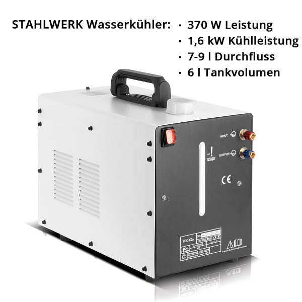 STAHLWERK Wasserkühler mit 370 Watt Leistung, 1,6 Kilowatt Kühlleistung, 6 Liter Tankvolumen und 7 bis 9 Litern Durchfluss.