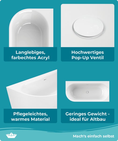 Calmwaters® Vorwand-Badewanne 160x75 cm Komplettset Seamless Comfort, fugenloses Design, vormontiert mit Schürze & Ablaufgarnitur, linke Ausführung, Made in EU, Acryl, 02SL6225