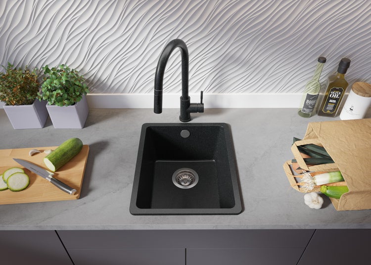 PRIMAGRAN Spülbecken Anthrazit 36x44cm, Granitspüle 1 Becken + Ablauf-Set, Küchenspüle ab 40er Unterschrank - Venedig Slim Easy