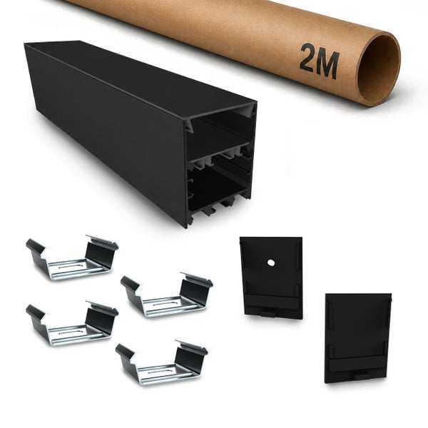 Schwarzes LED Profil für Aufputzmontage mit zwei Meter langer Verpackungshülse, Montageclips und Endkappen.