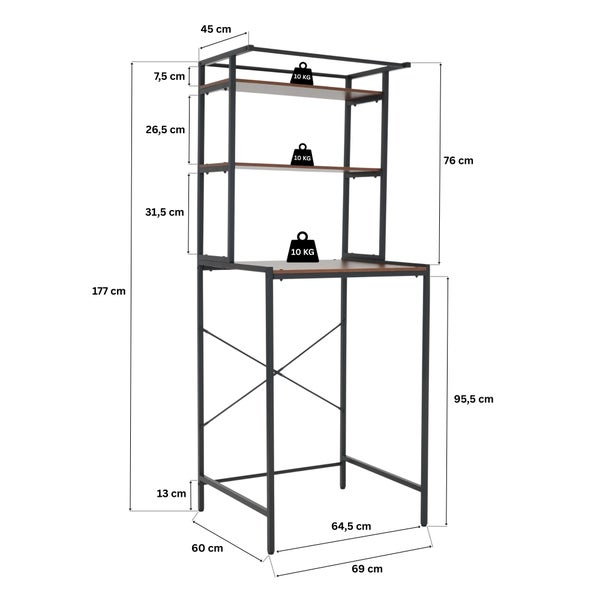 Küchenregal mit Arbeitsfläche und Regalböden, Metallgestell mit Holzoptik-Ablagen, inklusive Maßangaben und maximaler Tragkraft von 10 Kilogramm.