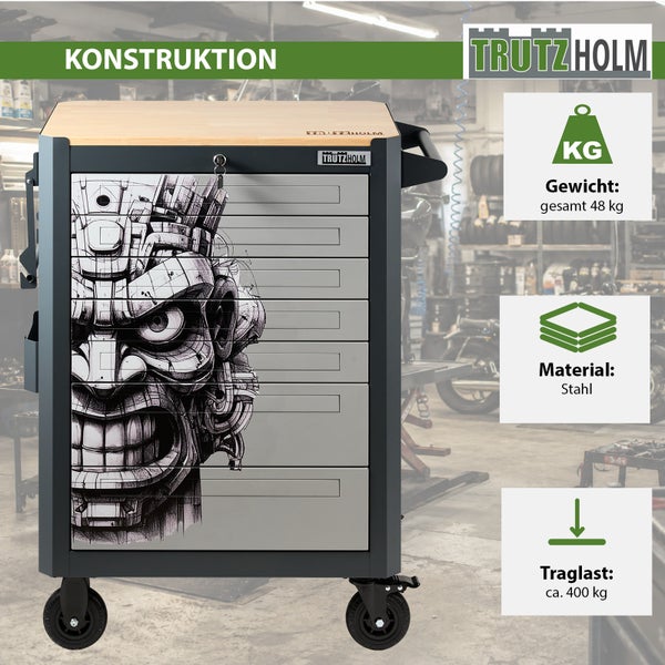 Werkstattwagen von Trutzholm aus Stahl mit Holzoberfläche, 7 Schubladen mit Motiv und 400 Kilogramm Traglast, inklusive Trutzholm Logo.