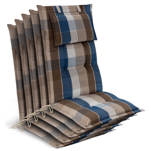 Sechs Hochlehner-Auflagen mit blau-braun-beige kariertem Muster, inklusive Kopfpolster und Haltebändern.