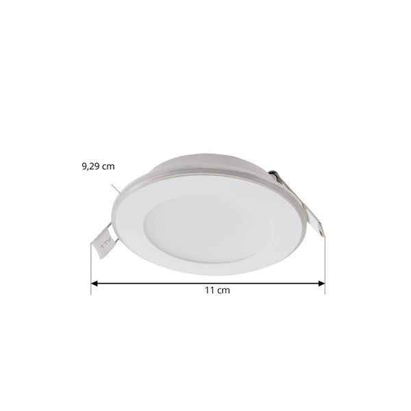 Runder LED-Einbaustrahler in Weiß mit einem Durchmesser von 11 Zentimetern und einem Einbaumaß von 9,29 Zentimetern.