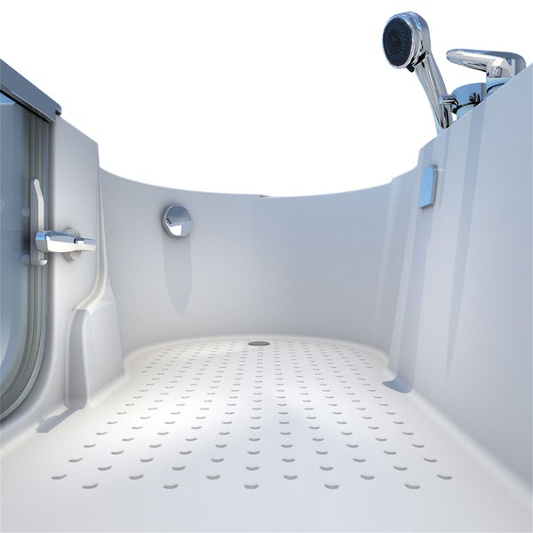 Innenansicht einer barrierefreien Dusche mit Duschkopf und Haltegriff