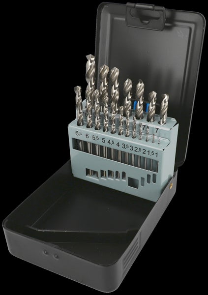 Set mit 19 Metallbohrern in einer Metallkassette, Größen von 1 bis 10 Millimeter in Schritten von 0,5 Millimeter.