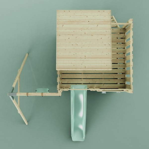 Draufsicht auf einen Spielturm aus hellem Holz mit Plattform, Dach, mintgrüner Wellenrutsche und Schaukelanbau.