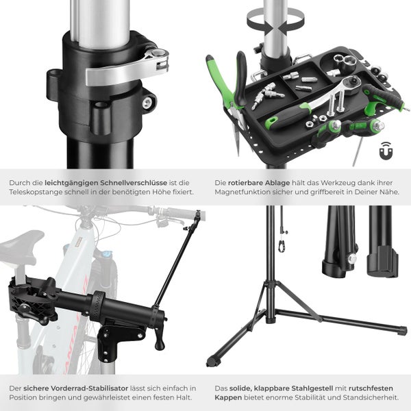Mehransicht eines Fahrrad Montageständers mit Schnellverschlüssen, magnetischer Werkzeugablage, Vorderradstabilisator und klappbarem Stahlgestell