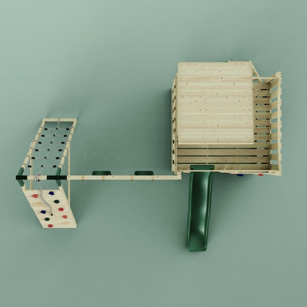 Draufsicht eines Spielturms aus Holz mit einer Rutsche, einer Kletterwand und einem Kletternetz.