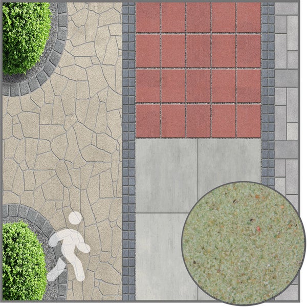 Verschiedene Gartenpflaster und Terrassenplatten mit einer Detailansicht von feinem Fugensand für begehbare Außenbereiche.