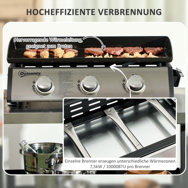 Outsunny Logo auf Edelstahl-Gasgrill mit drei Brennern und Grillplatte. Detailansicht der Brennerrohre für Wärmezonen und 7,5 Kilowatt.