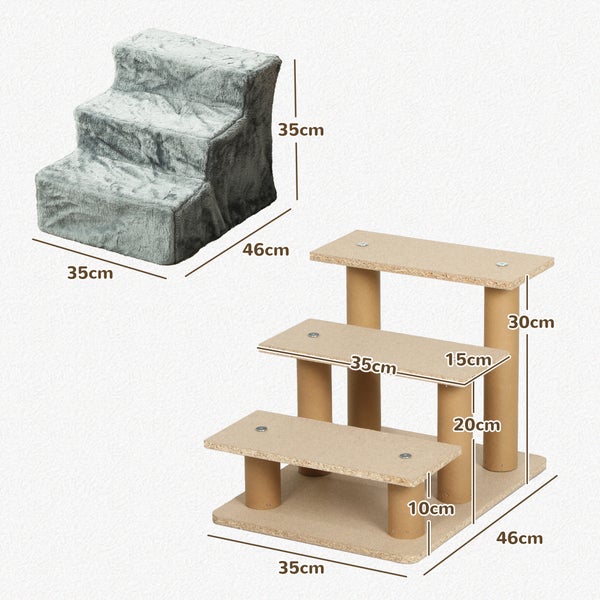 PawHut Hundetreppe 3-stufig, 35 cm Katzentreppe für Bett und Sofa, Haustiertreppe für Hunde und Katzen bis 5 kg, Plüschoptik, Hellgrau