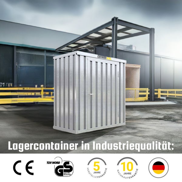 Lagercontainer Gerätehaus L  – 8 qm, H2150 x B4050 x T2170 mm, verzinkt, mit Holzfußboden, 1270 mm Einflügeltür mittig in Stirnseite, zerlegt